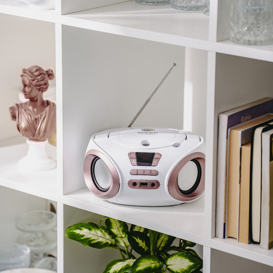Boombox-radio med CD-MP3, USB, FM-radio, AUX, hörlursuttag, Adler, AD 1181
