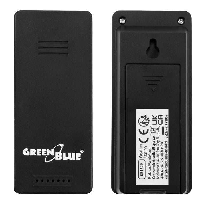 GreenBlue trådlös väderstation, IN/OUT-temperatur, klocka, val mellan °C och °F, räckvidd upp till 60 m, svart, GB162 B + 4 st. AAA-alkaliska batterier från Varta Industrial