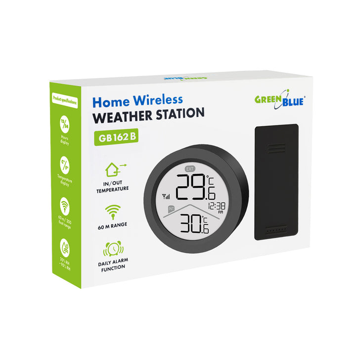 GreenBlue trådlös väderstation, IN/OUT-temperatur, klocka, val mellan °C och °F, räckvidd upp till 60 m, svart, GB162 B + 4 st. AAA-alkaliska batterier från Varta Industrial