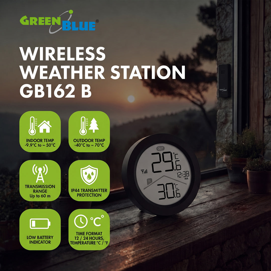 GreenBlue trådlös väderstation, IN/OUT-temperatur, klocka, val mellan °C och °F, räckvidd upp till 60 m, svart, GB162 B + 4 st. AAA-alkaliska batterier från Varta Industrial