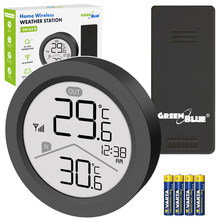 GreenBlue trådlös väderstation, IN/OUT-temperatur, klocka, val mellan °C och °F, räckvidd upp till 60 m, svart, GB162 B + 4 st. AAA-alkaliska batterier från Varta Industrial