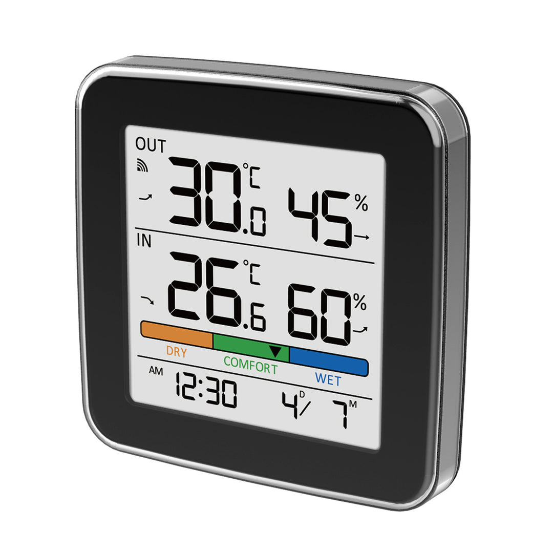 GreenBlue trådlös väderstation, temperatur + luftfuktighet IN/OUT, klocka + alarm + datum, °C / °F, upp till 60 m, svart, GB169 B + 4 st. AAA-alkaliska batterier från Varta Industrial