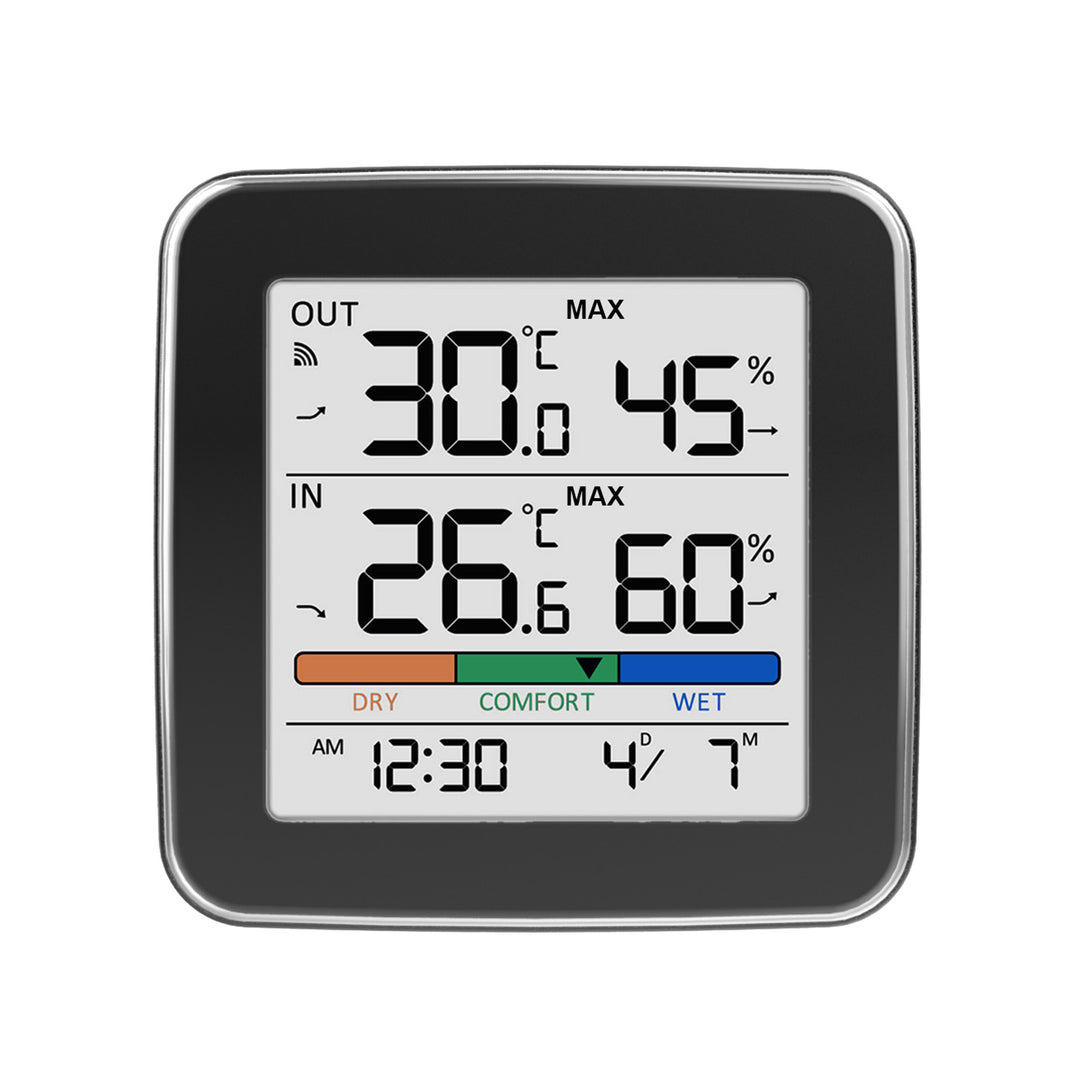 GreenBlue trådlös väderstation, temperatur + luftfuktighet IN/OUT, klocka + alarm + datum, °C / °F, upp till 60 m, svart, GB169 B + 4 st. AAA-alkaliska batterier från Varta Industrial