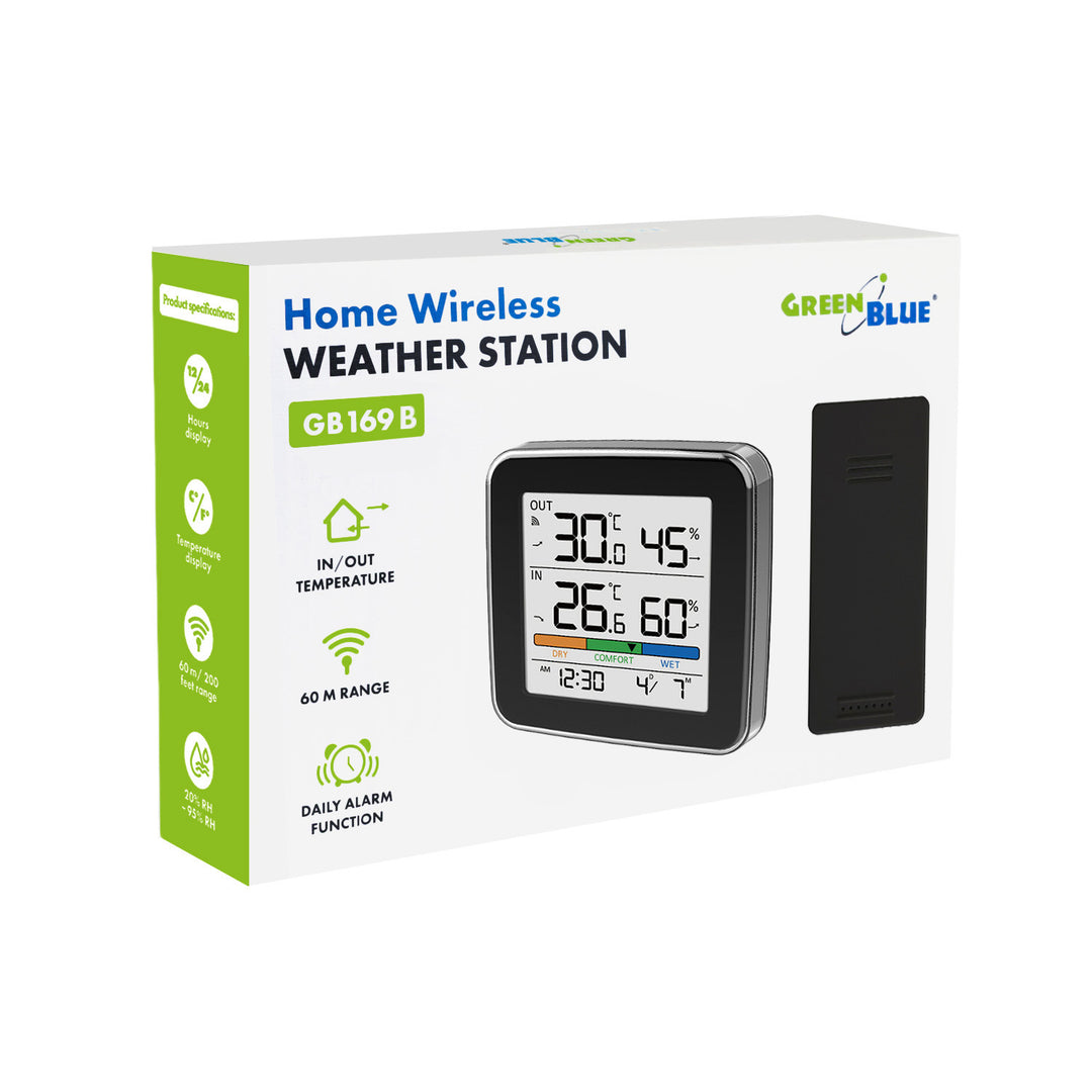 GreenBlue trådlös väderstation, temperatur + luftfuktighet IN/OUT, klocka + alarm + datum, °C / °F, upp till 60 m, svart, GB169 B + 4 st. AAA-alkaliska batterier från Varta Industrial