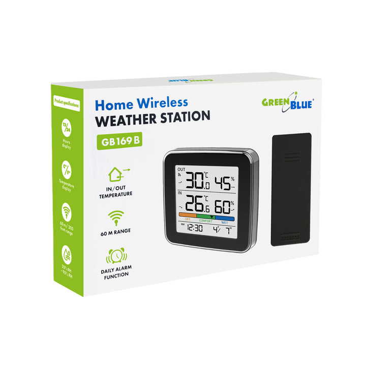GreenBlue trådlös väderstation, temperatur + luftfuktighet IN/OUT, klocka + alarm + datum, °C / °F, upp till 60 m, svart, GB169 B + 4 st. AAA-alkaliska batterier från Varta Industrial