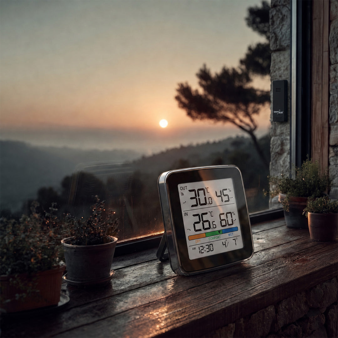 GreenBlue trådlös väderstation, temperatur + luftfuktighet IN/OUT, klocka + alarm + datum, °C / °F, upp till 60 m, svart, GB169 B + 4 st. AAA-alkaliska batterier från Varta Industrial
