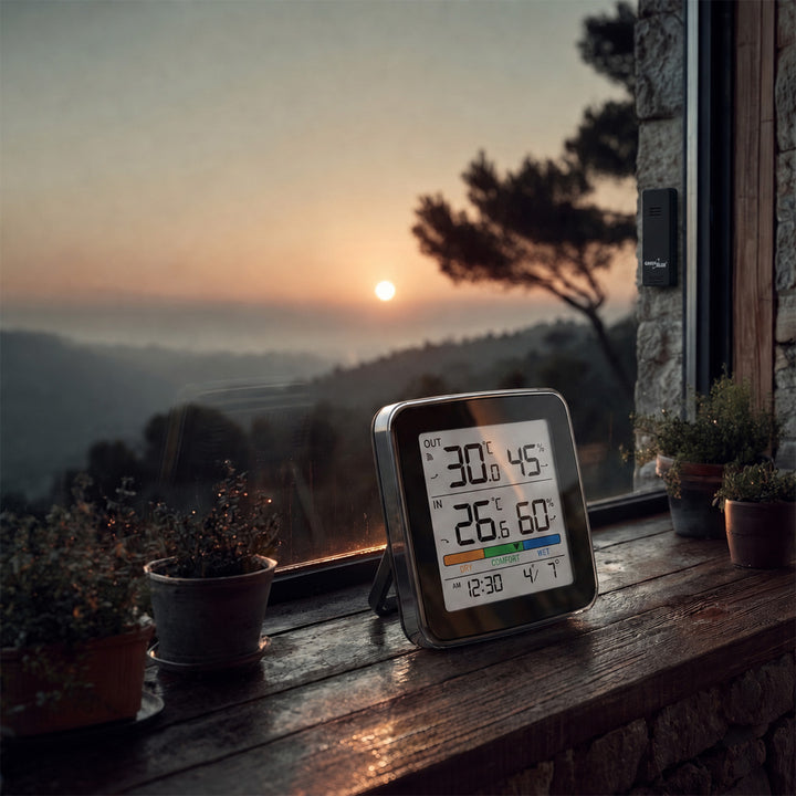 GreenBlue trådlös väderstation, temperatur + luftfuktighet IN/OUT, klocka + alarm + datum, °C / °F, upp till 60 m, svart, GB169 B + 4 st. AAA-alkaliska batterier från Varta Industrial