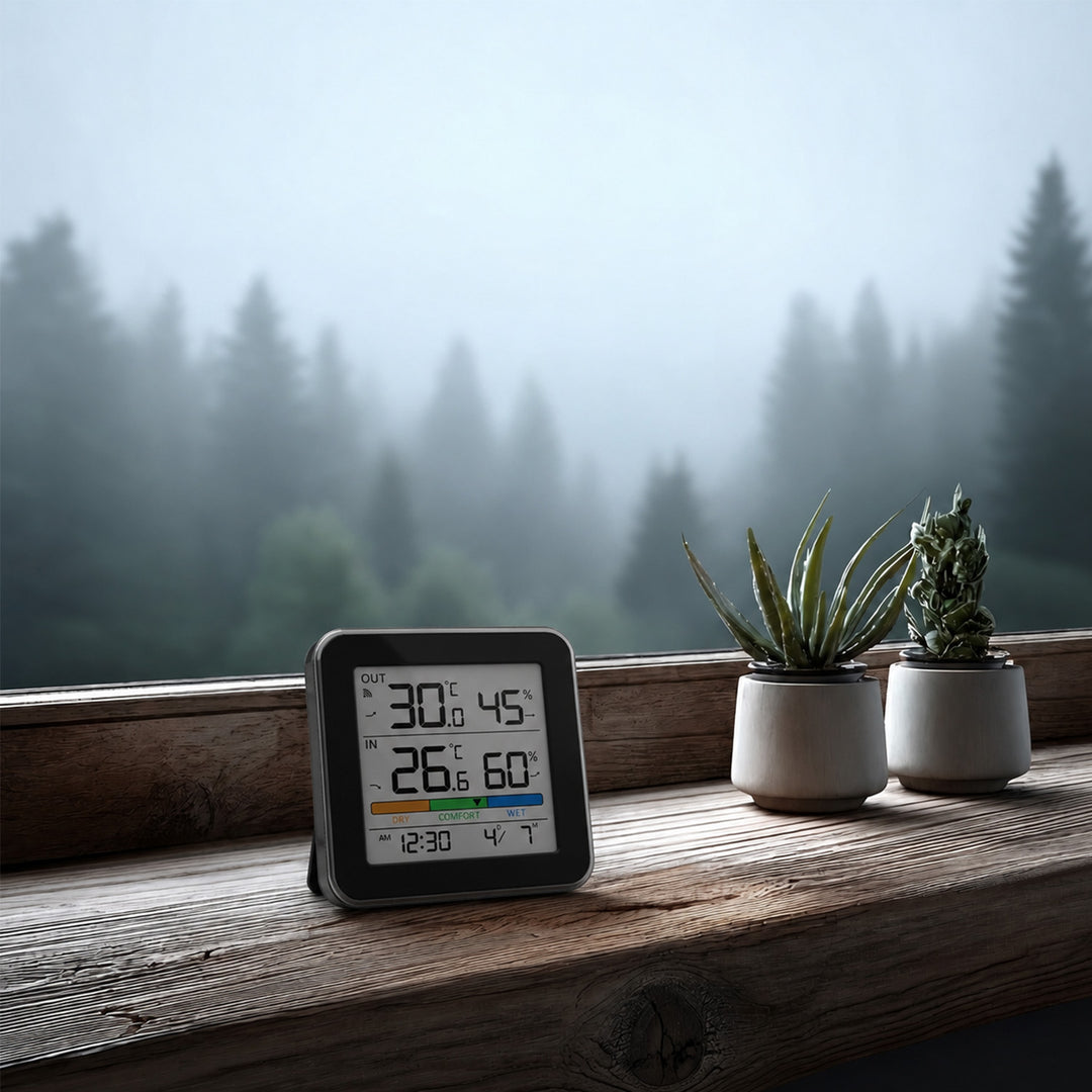 GreenBlue trådlös väderstation, temperatur + luftfuktighet IN/OUT, klocka + alarm + datum, °C / °F, upp till 60 m, svart, GB169 B + 4 st. AAA-alkaliska batterier från Varta Industrial