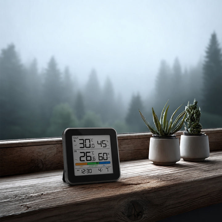 GreenBlue trådlös väderstation, temperatur + luftfuktighet IN/OUT, klocka + alarm + datum, °C / °F, upp till 60 m, svart, GB169 B + 4 st. AAA-alkaliska batterier från Varta Industrial