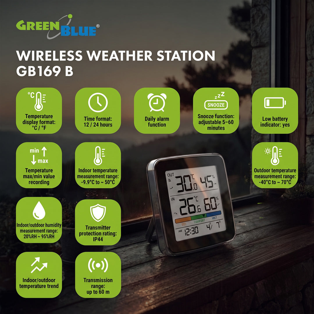 GreenBlue trådlös väderstation, temperatur + luftfuktighet IN/OUT, klocka + alarm + datum, °C / °F, upp till 60 m, svart, GB169 B + 4 st. AAA-alkaliska batterier från Varta Industrial