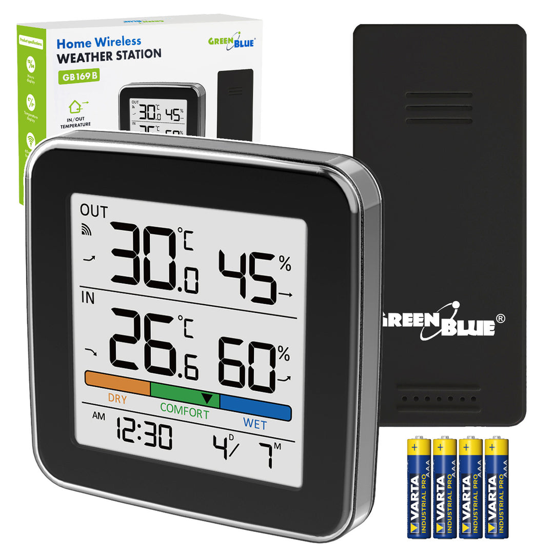 GreenBlue trådlös väderstation, temperatur + luftfuktighet IN/OUT, klocka + alarm + datum, °C / °F, upp till 60 m, svart, GB169 B + 4 st. AAA-alkaliska batterier från Varta Industrial