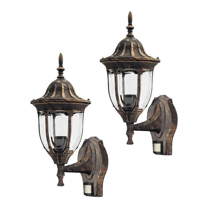 Rabalux vägglampa, utomhus, rörelsesensor, IP43, E27, max 60 W, antikguld, Milano, 2 stycken