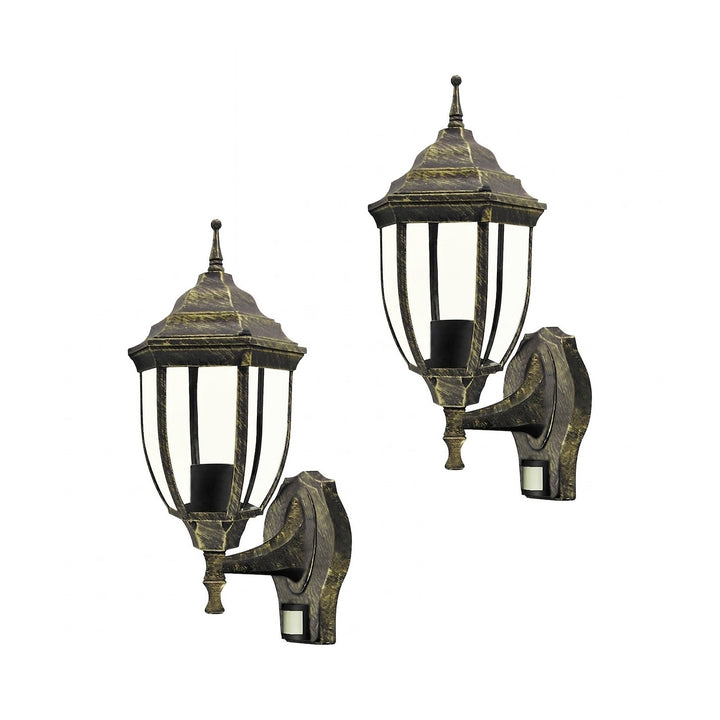 Rabalux vägglampa, utomhus, rörelsesensor, IP43, E27, max 60 W, antikguld, Nizza, 2 stycken