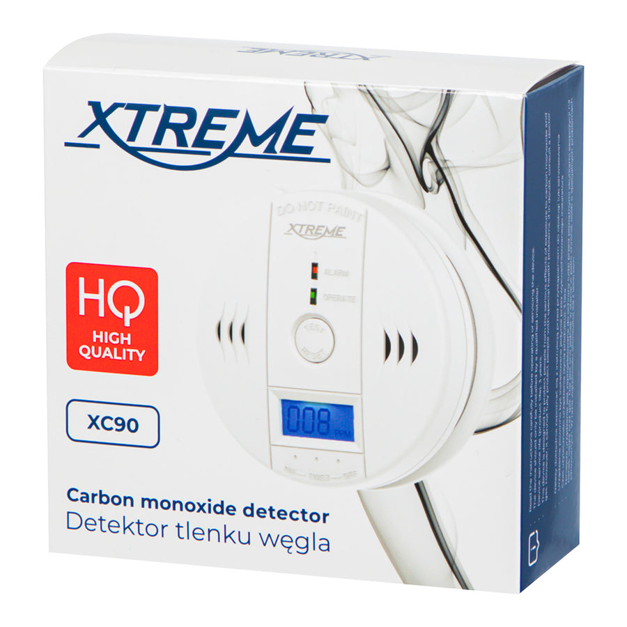 Xtreme XC90 LCD kolmonoxidvarnare, vit, 3xAA-batterier, högt ljudlarm och röd lysdiod, kompakt storlek, livslängd upp till 7 år, 50-636#