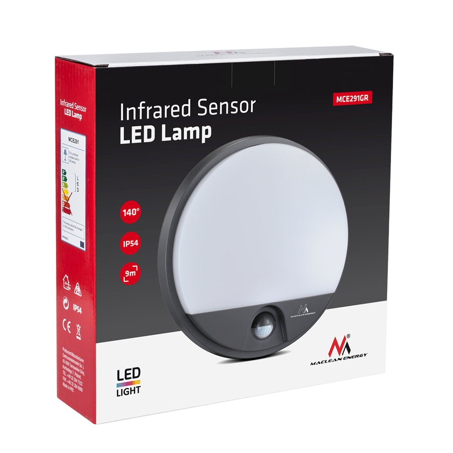 Maclean LED-lampa med rörelsesensor, PIR-sensor, grå, 15 W, IP54, 1100 lm, neutral färg, MCE291 W, 2 stycken