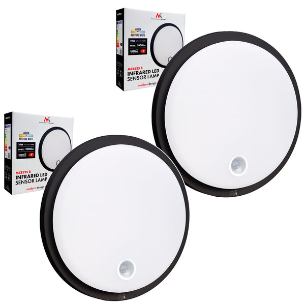 Maclean LED-lampa med rörelsesensor, PIR-sensor, svart, 10 W, IP65, 1000 lm, neutral färg, MCE525 B, 2 st