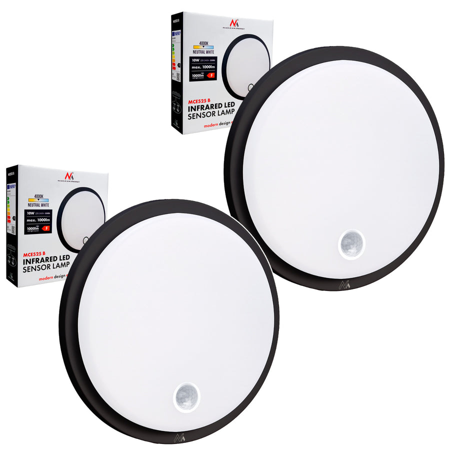 Maclean LED-lampa med rörelsesensor, PIR-sensor, svart, 10 W, IP65, 1000 lm, neutral färg, MCE525 B, 2 st