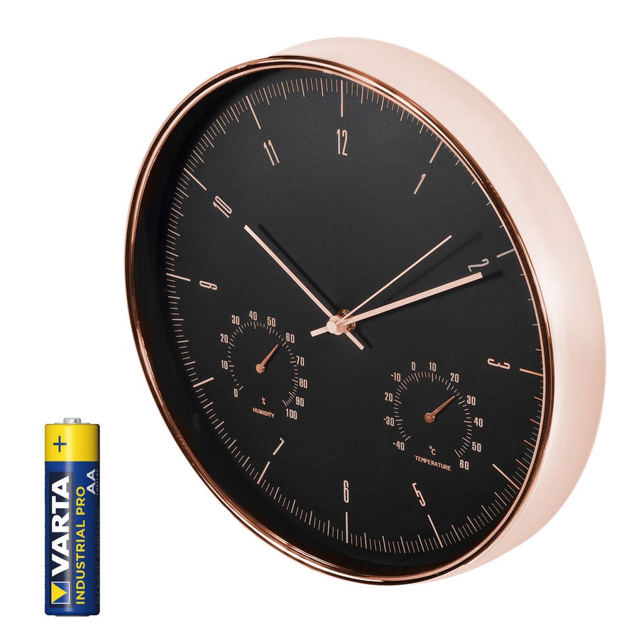 Guldfärgad väggklocka, 12 tum (30 cm), med termometer och hygrometer, CE70 G + alkaliskt batteri R-06 LR6 AA 1,5 V från Varta Industrial