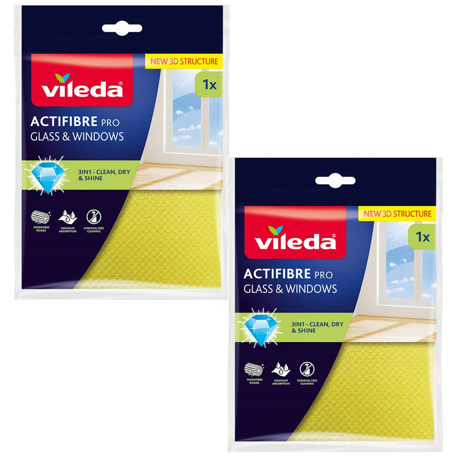 Vileda Actifibre Pro-duk för glas och fönster, kan tvättas i tvättmaskin, PVA-beläggning, lämnar inga ränder eller vattenfläckar, rengör med enbart vatten, 183298, 2 stycken