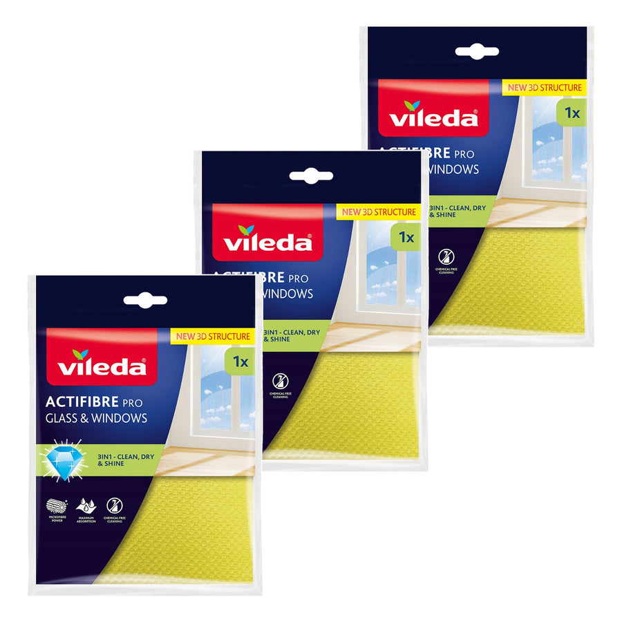 Vileda Actifibre Pro-duk för glas och fönster, kan tvättas i tvättmaskin, PVA-beläggning, lämnar inga ränder eller vattenfläckar, rengör med enbart vatten, 183298, 3 stycken