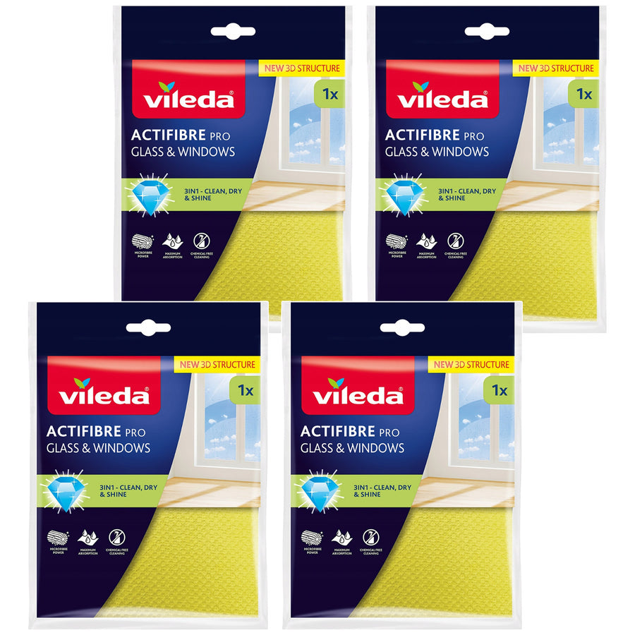 Vileda Actifibre Pro-duk för glas och fönster, kan tvättas i tvättmaskin, PVA-beläggning, lämnar inga ränder eller vattenfläckar, rengör med enbart vatten, 183298, 4 stycken