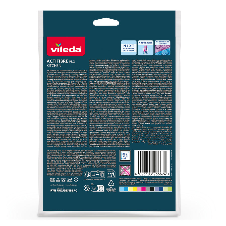 Vileda Actifibre Pro-duk, köksduk, av mikrofiber, PVA-beläggning, tvättbar upp till 60 °C, 183303, 4 stycken