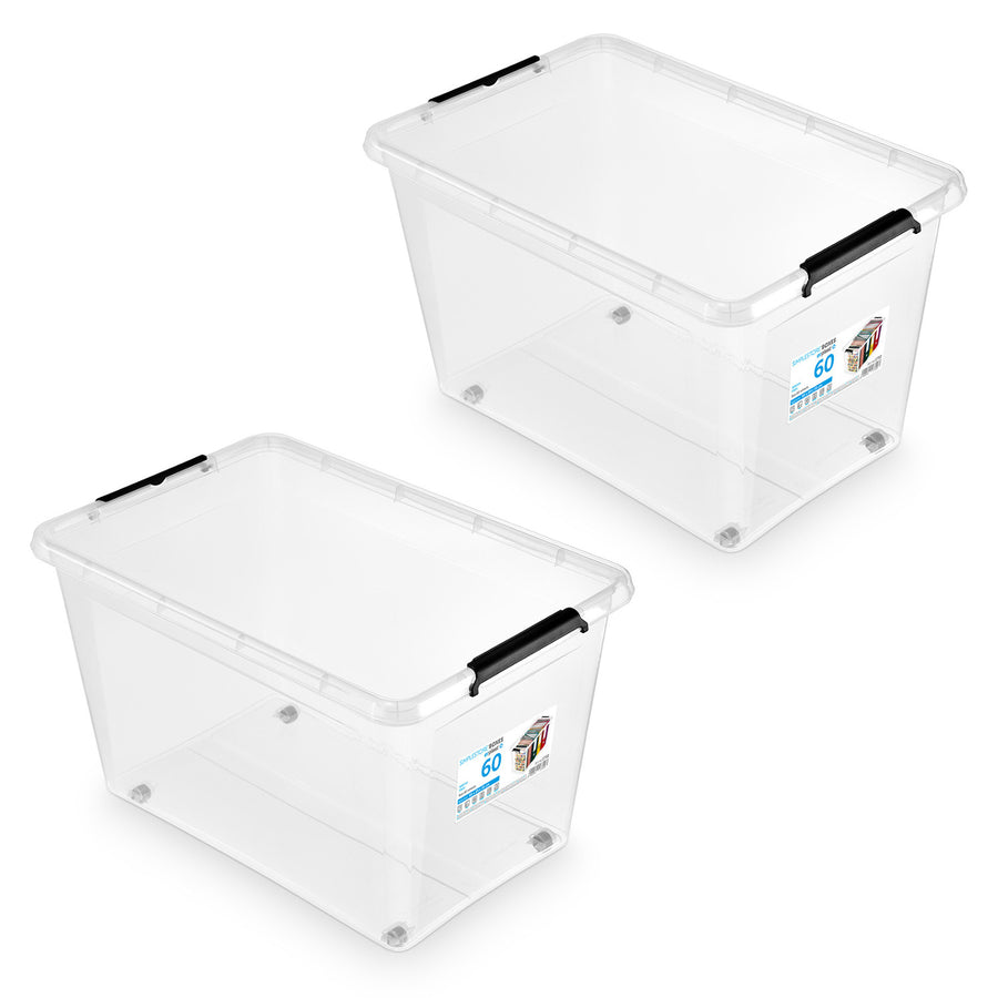 Moxom SimpleStore-behållare, volym 60 liter, genomskinlig, lock med klämmor, med hjul, BPA-fri, 04-0081, 2 stycken