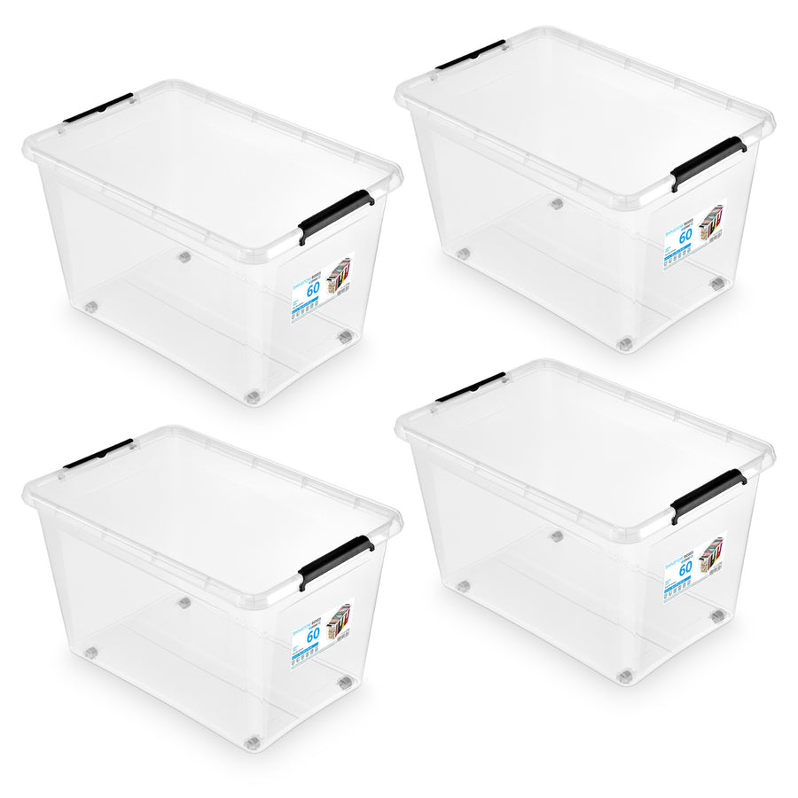 Moxom SimpleStore-behållare, volym 60 liter, genomskinlig, lock med klämmor, med hjul, BPA-fri, 04-0081, 4 stycken