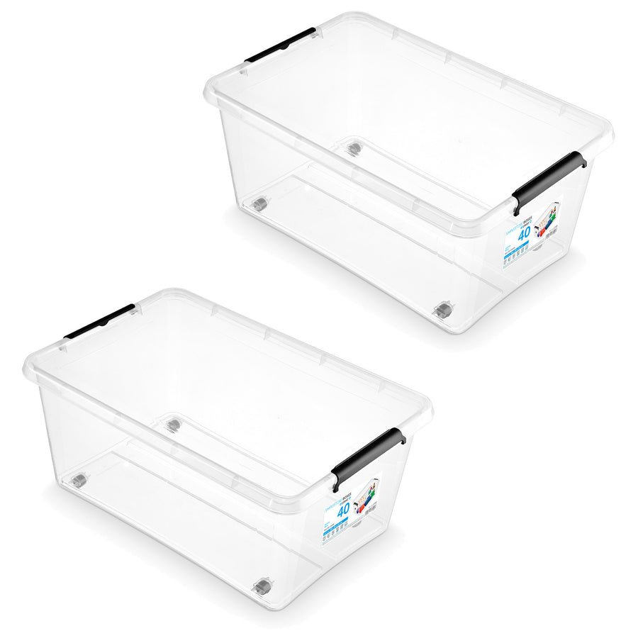 Moxom SimpleStore-behållare, volym 40 liter, genomskinlig, lock med klämmor, försedd med hjul, BPA-fri, 04-0076, 2 stycken