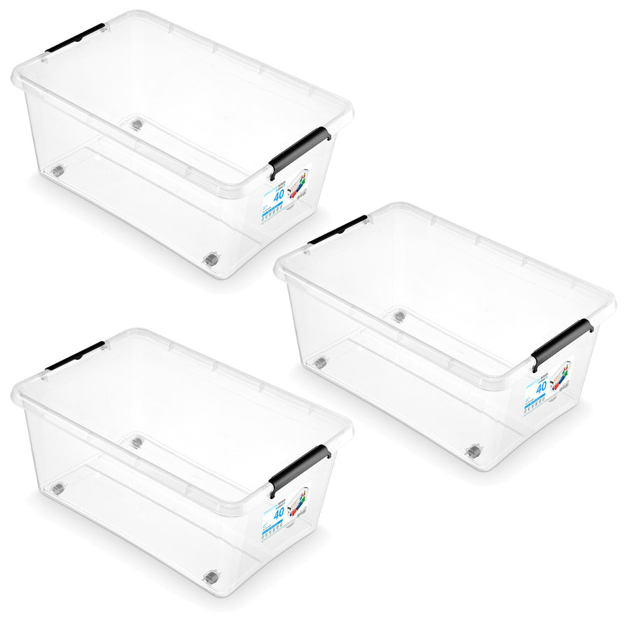 Moxom SimpleStore-behållare, volym 40 liter, genomskinlig, lock med klämmor, försedd med hjul, BPA-fri, 04-0076, 3 stycken