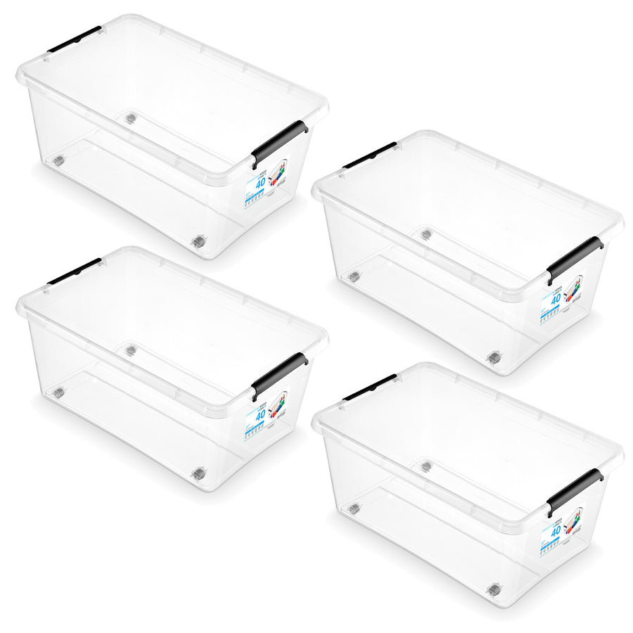 Moxom SimpleStore-behållare, volym 40 liter, genomskinlig, lock med klämfäste, med hjul, BPA-fri, 04-0076, 4 stycken