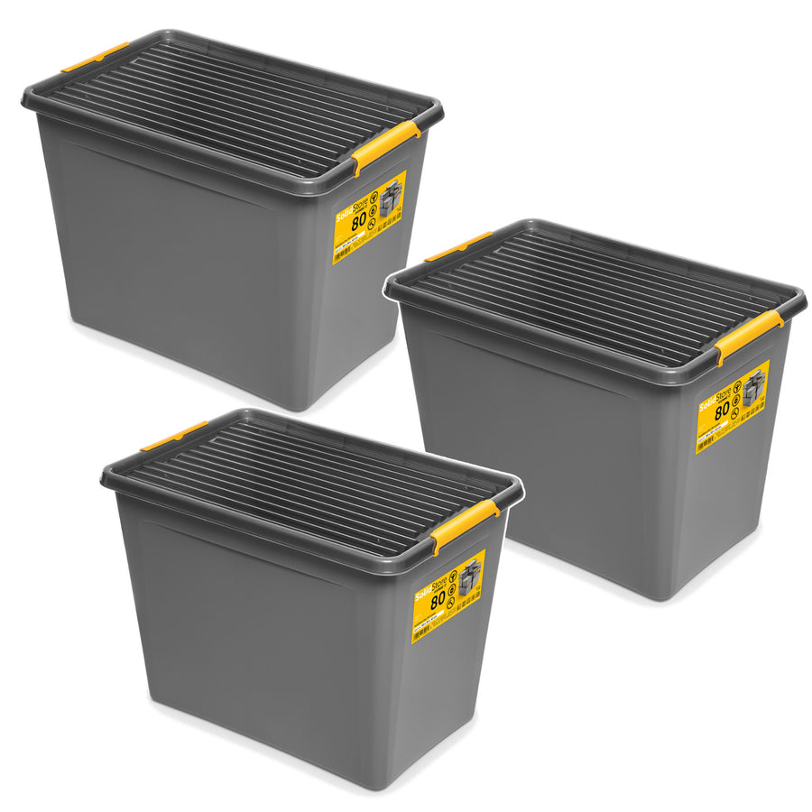 Moxom SolidStore-behållare, volym 80 liter, grå, lock med klämmor, med hjul, BPA-fri, 04-0217, 3 stycken