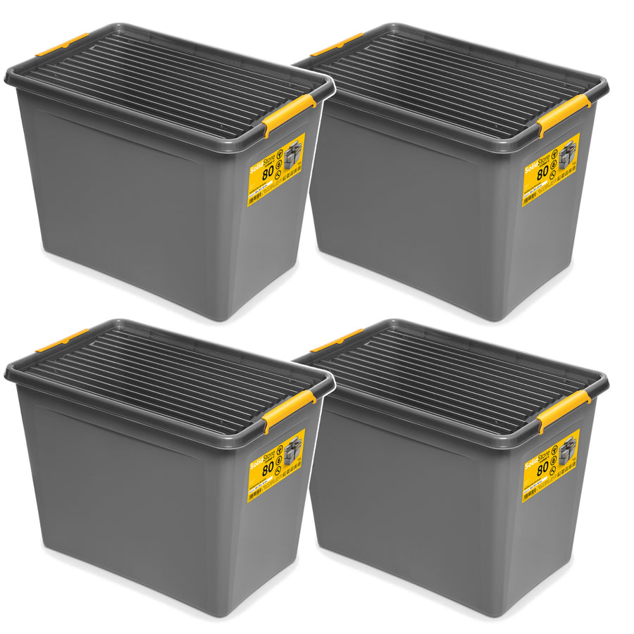 Moxom SolidStore-behållare, volym 80 liter, grå, lock med klämmor, med hjul, BPA-fri, 04-0217, 4 stycken