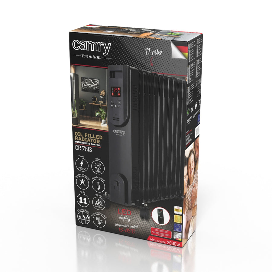 Oljeelement, 11 ribbor, 2500 W, fjärrkontroll, LED-display, termostat, Camry CR 7813