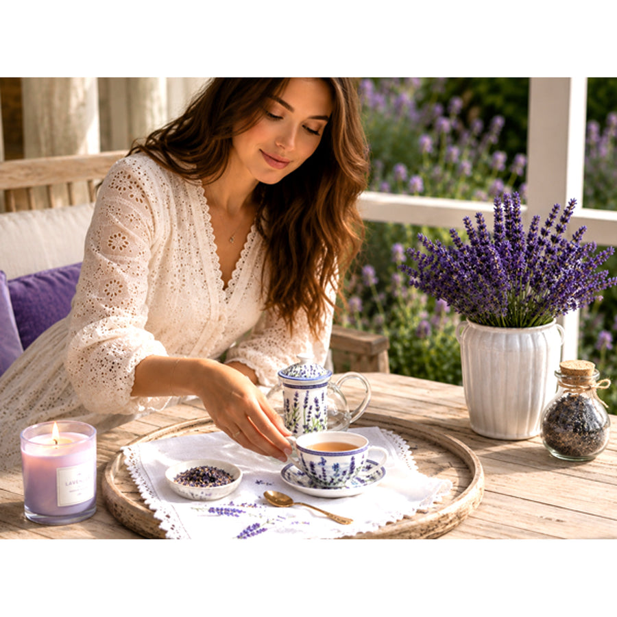 Teservis ”Lavendel”, kopp och tekanna (tea for one) Queen Isabell