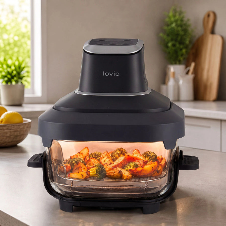 LOVIO PureFry Ultra Crisp LVAF003BK fettfri luftfritös, 4 l + 1,5 l, 1550 W, svart, med glasbehållare