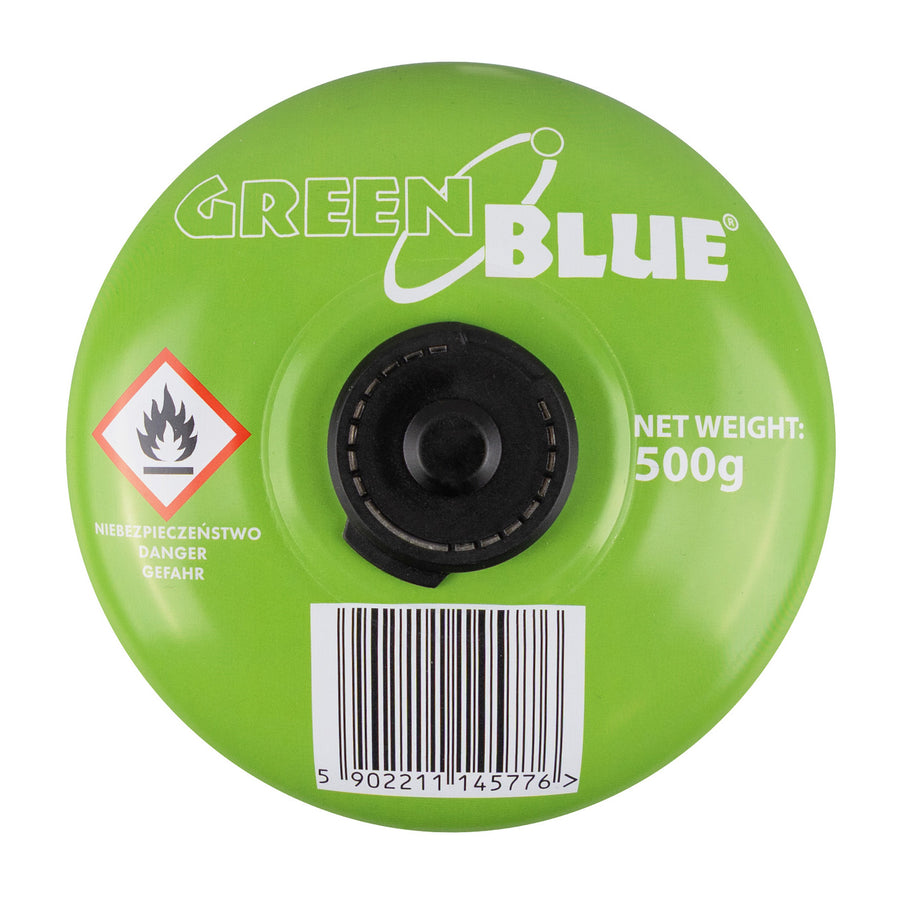 GreenBlue-gaspatron, 500 g. Certifikat: Pi 0437, uppfyller EN 417, butan-propan, användningstemperatur -10 °C till +40 °C, ventil 7/16", GB499, 48 stycken