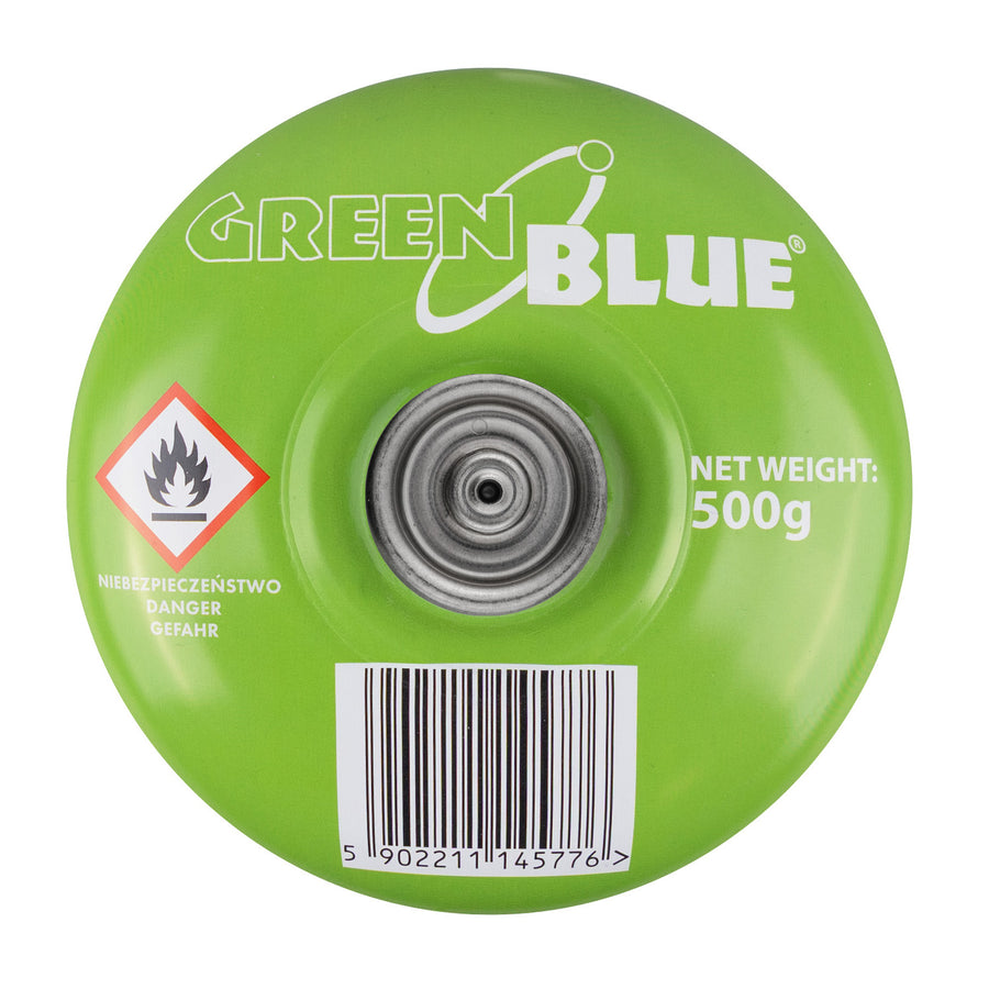 GreenBlue-gaspatron, 500 g. Certifikat: Pi 0437, uppfyller EN 417, butan-propan, användningstemperatur -10 °C till +40 °C, ventil 7/16", GB499, 48 stycken