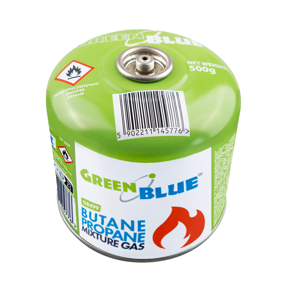 GreenBlue-gaspatron, 500 g. Certifikat: Pi 0437, uppfyller EN 417, butan-propan, användningstemperatur -10 °C till +40 °C, ventil 7/16", GB499, 48 stycken