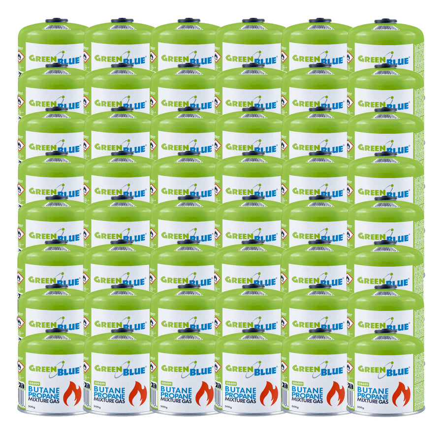 GreenBlue-gaspatron, 500 g. Certifikat: Pi 0437, uppfyller EN 417, butan-propan, användningstemperatur -10 °C till +40 °C, ventil 7/16", GB499, 48 stycken