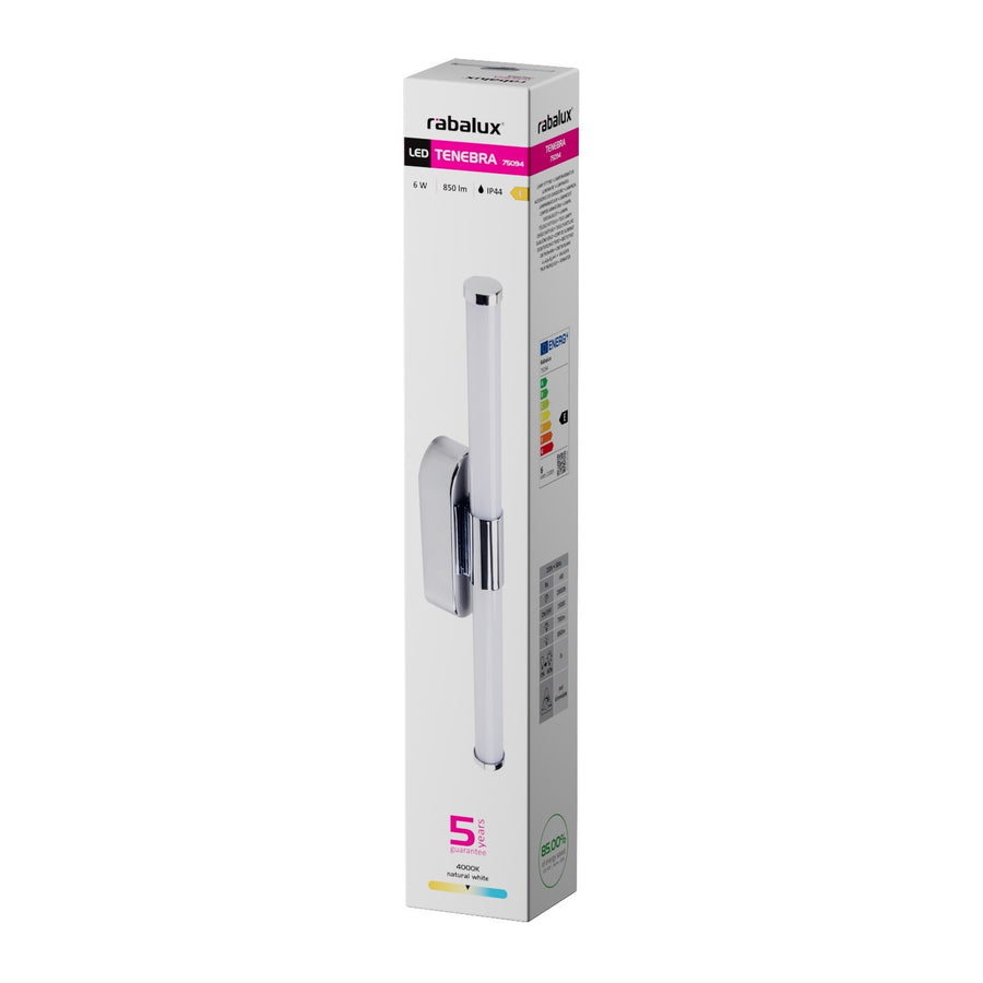 Tenebra vägglampa för inomhusbruk, LED 6 W, 730 lm, 4000 K, L 40 cm, IP44, krom, 75094