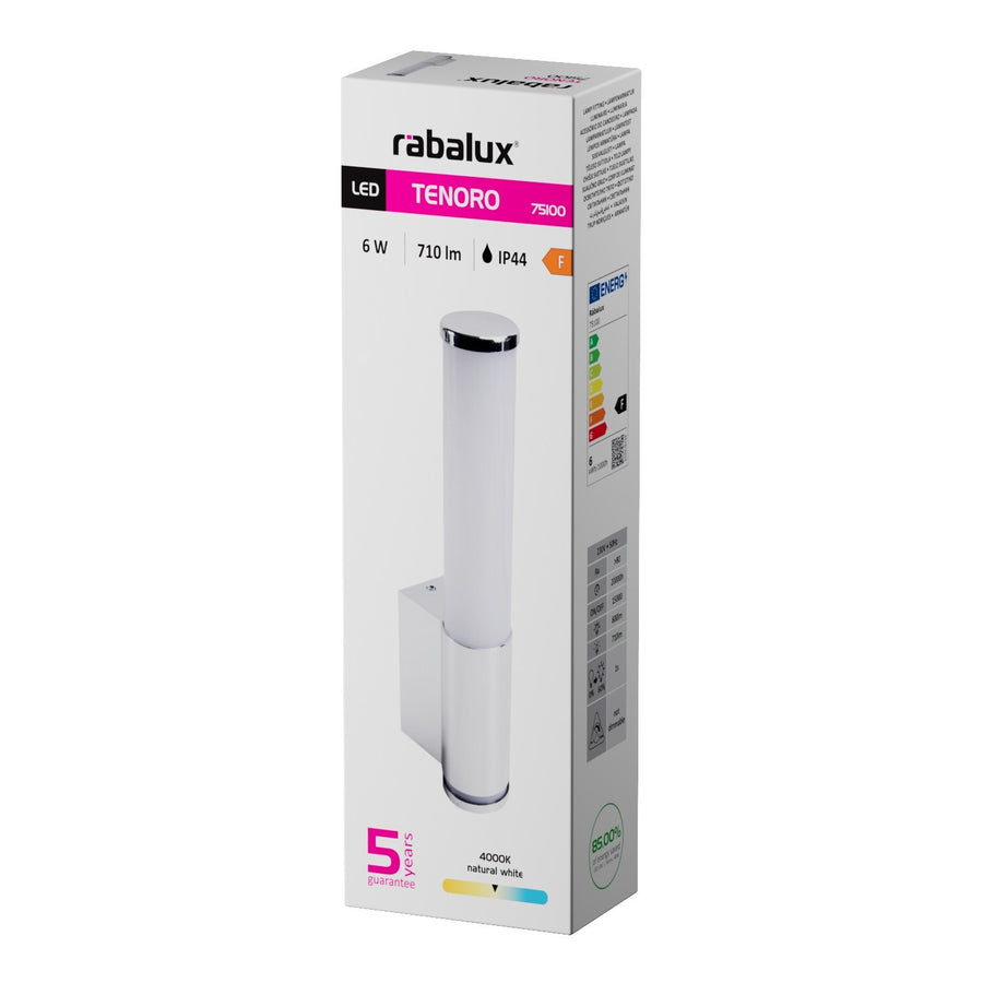 Tenero vägglampa för inomhusbruk, LED 6 W, 4000 K, 600 lm, H 29 cm, krom, IP44, 75100