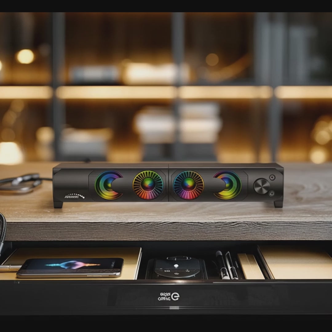 Audiocore AC955 2 i 1 2.0 PC-Högtalare Med Soundbar-Funktion RGB-Bakgrundsbelysning Stereohögtalare 2x3W RMS AUX 3,5 mm USB-Driven
