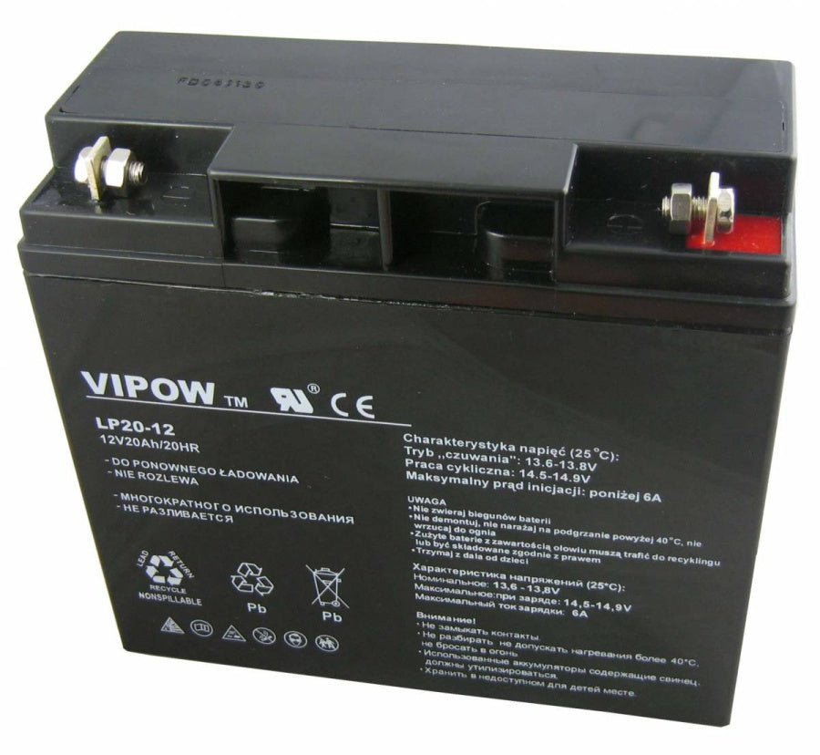 Underhållsfritt Vipow 12V 20Ah gelbatteri mått 181 x 77 x 167 mm