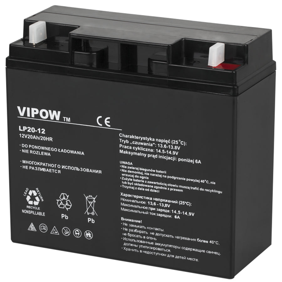 Underhållsfritt Vipow 12V 20Ah gelbatteri mått 181 x 77 x 167 mm