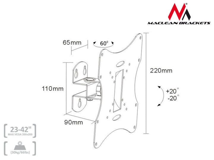 Fäste för TV eller monitor Maclean MC-501A B, universal, max VESA 200x200, 23-50", 30kg, svart