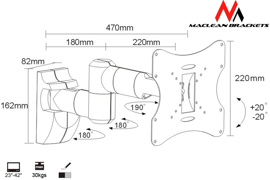 Maclean TV- eller monitorfäste, universal, VESA 200x200 max, 23-50", 30 kg, silver, MC-503A S