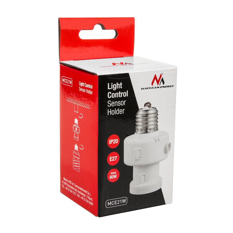 Maclean glödlampshållare, E27, max. 100W, med skymningssensor, timer, vit, MCE21W