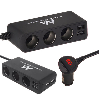 Maclean MCE117 Biltändaruttagsfördelare Vvoltmeter 3 Tändaruttag 2 Främre Portar 2 x 2,4A 2 Sidoportar 2 x 1A Max 120W Svart Gummerad