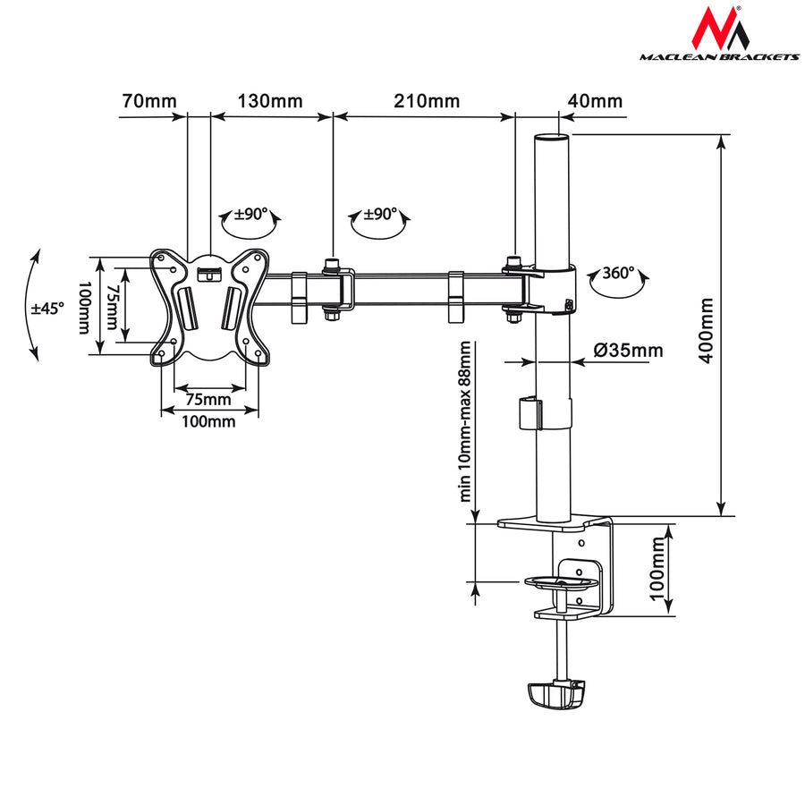 Maclean bordsfäste för LCD-skärm, 13"-27", VESA 75x75 och 100x100, 8kg, MC-690N